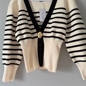 Urban Revivo Striped Knit Cardigan Women’s Medium Black Cream Gold Button
